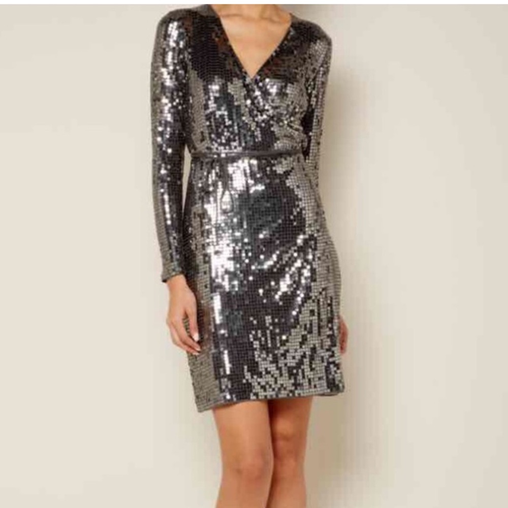 Michael kors gray sequins mini wrap dress size m holiday, cocktail, party